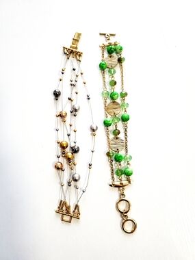 Gold and Silver Multi-Strand Beaded Bracelet Set with Green Charm Bracelet